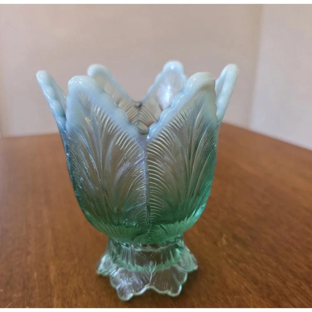 vintage Fenton Art Glass turquoise blue opalescent tulip reversible 2-way votive